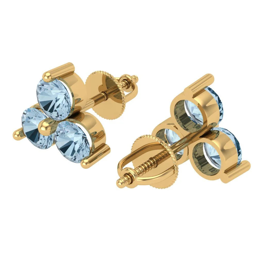 Yellow Gold Solitaire Stud Earrings, 3.0 Ct Round Cut Simulated Blue Diamond, 14K, Screw Back I521189