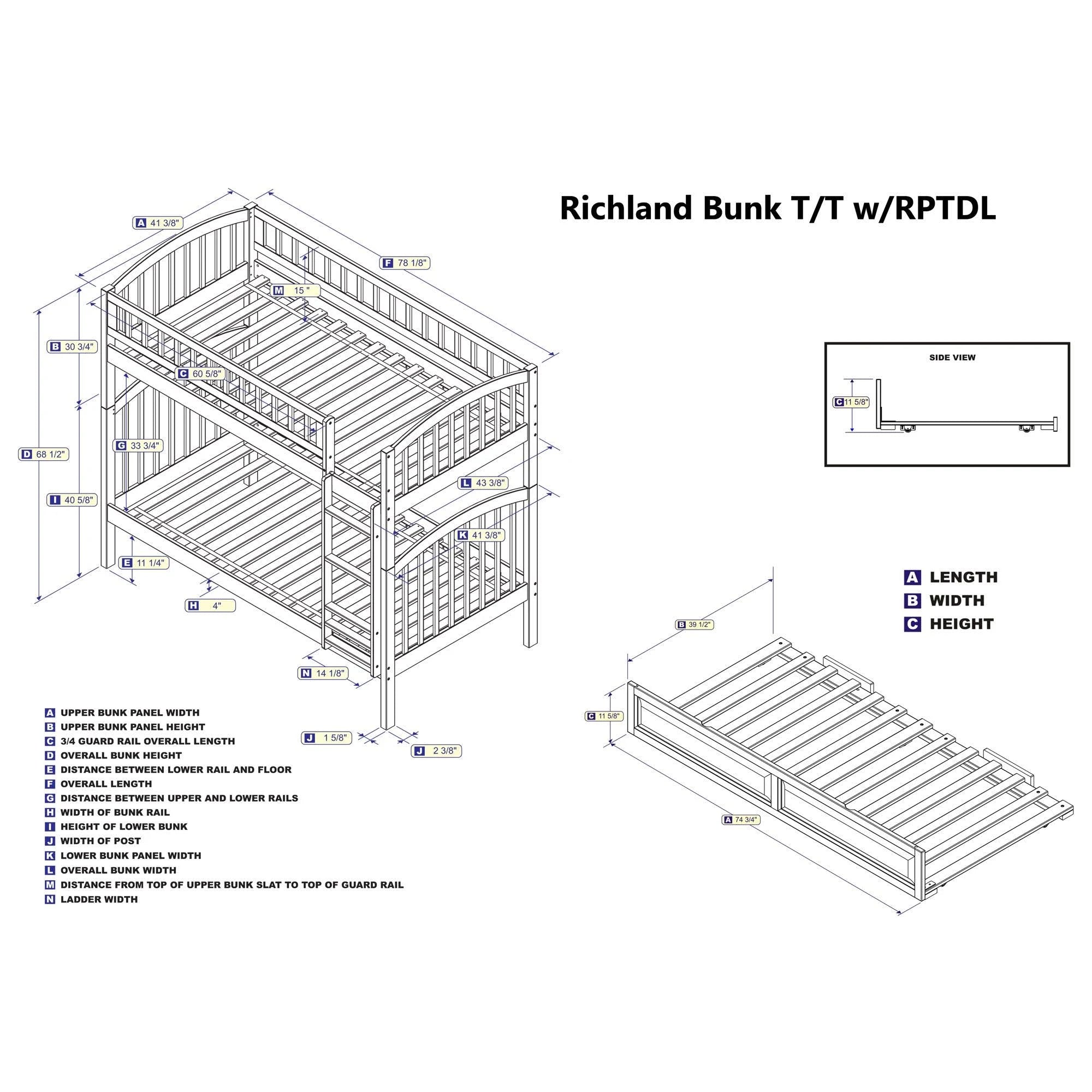 Walnut Twin Over Twin Bunk Bed with Trundle Bed K60162
