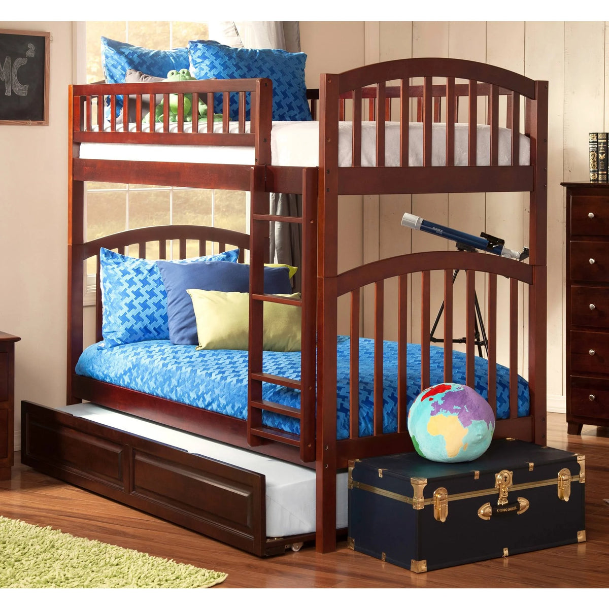 Walnut Twin Over Twin Bunk Bed with Trundle Bed K60162