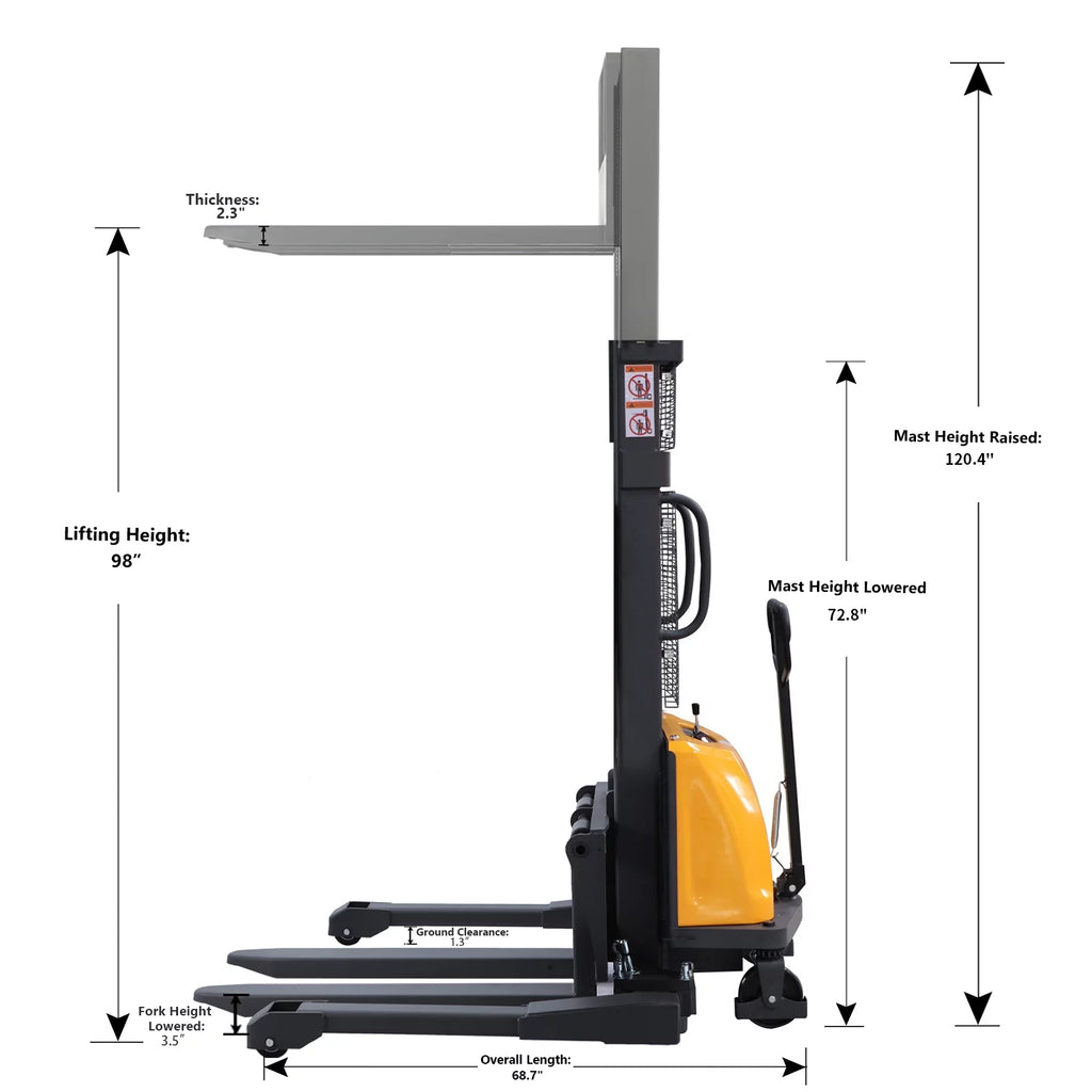 3300lb Cap. Semi-Electric Pallet Straddle Stacker with Adjustable Fork 98" Raised Height D298137