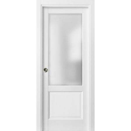 Matte White Pocket Door with Glass and Rail Hardware P9932