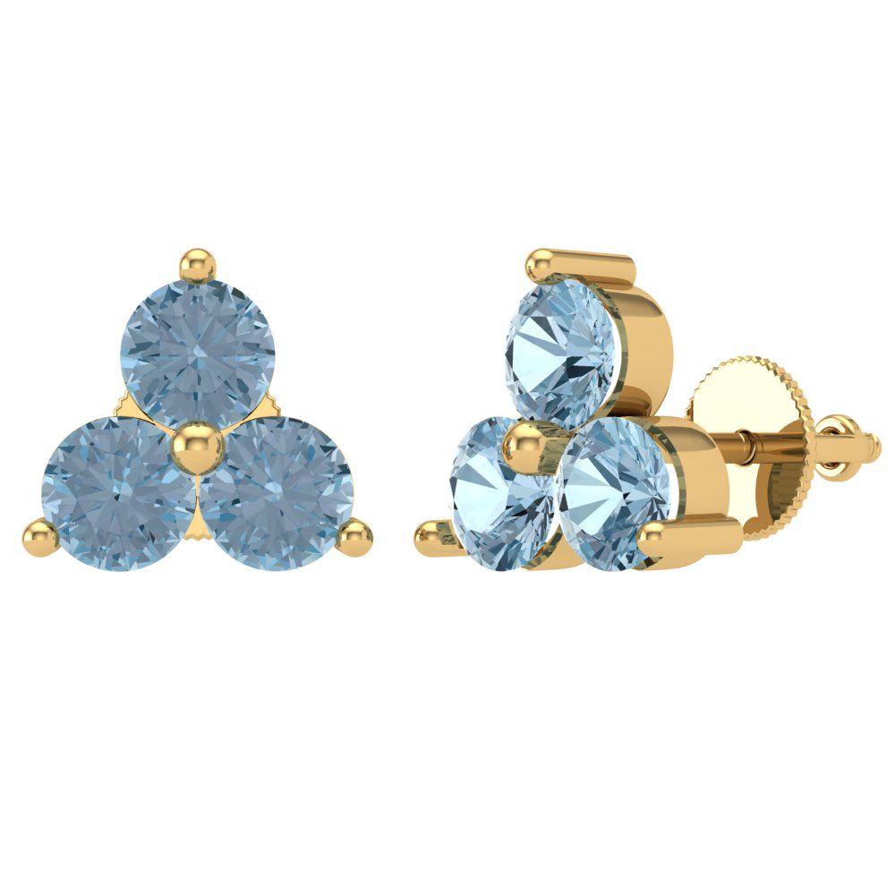 Yellow Gold Solitaire Stud Earrings, 3.0 Ct Round Cut Simulated Blue Diamond, 14K, Screw Back I521189