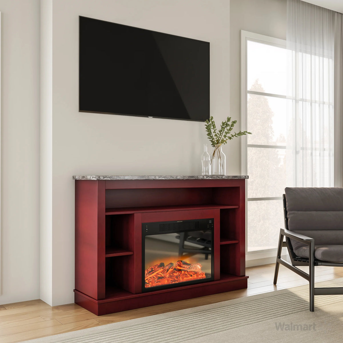 Freestanding Electric Fireplace with Log Insert, Cherry W2002