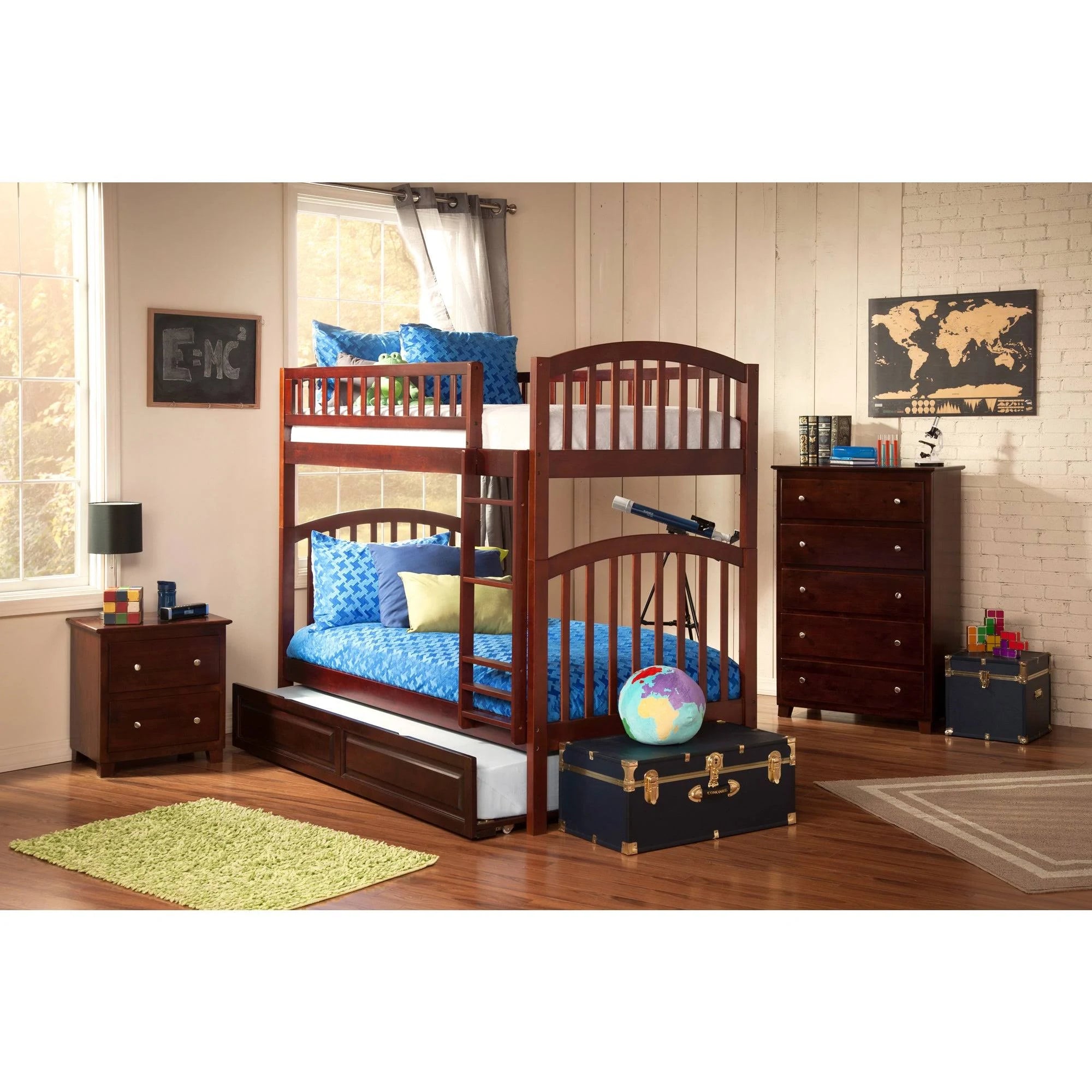Walnut Twin Over Twin Bunk Bed with Trundle Bed K60162