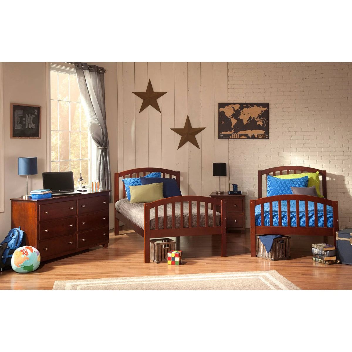 Walnut Twin Over Twin Bunk Bed with Trundle Bed K60162