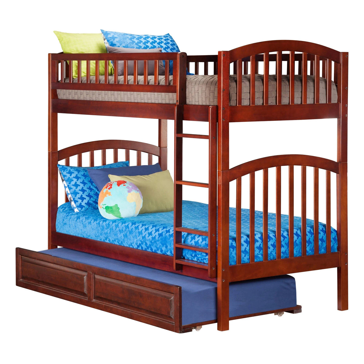Walnut Twin Over Twin Bunk Bed with Trundle Bed K60162
