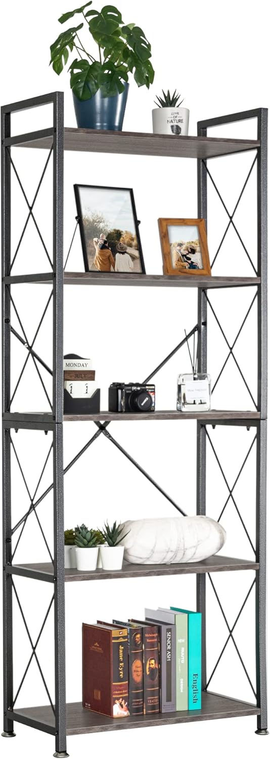 5 Tier Rustic Wood and Metal Bookshelf B135076
